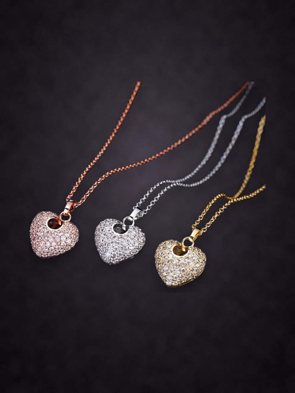Pave Crystal Puffed Heart Necklace, Rose, Yellow or White Gold Plated NWT - Picture 1 of 11